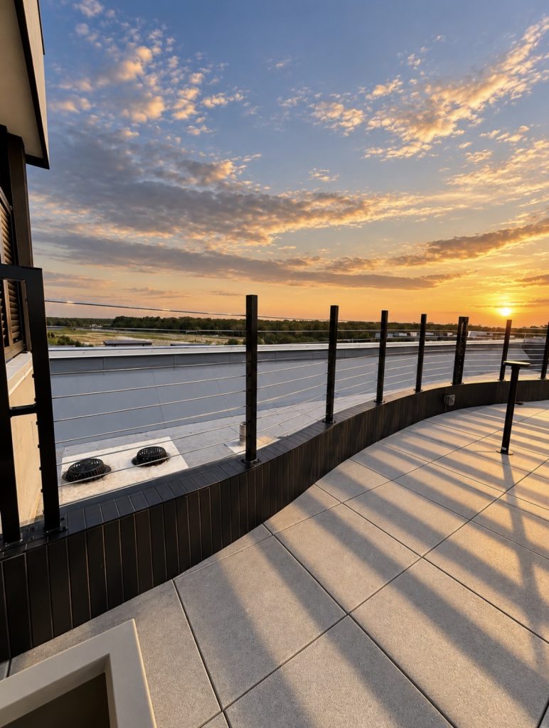 Rooftop perimeter railing at Cambria Hotel Jacksonville at sunset