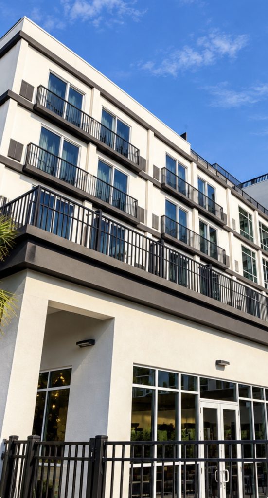 Exterior balconies and metal railings at Cambria Hotel Jacksonville